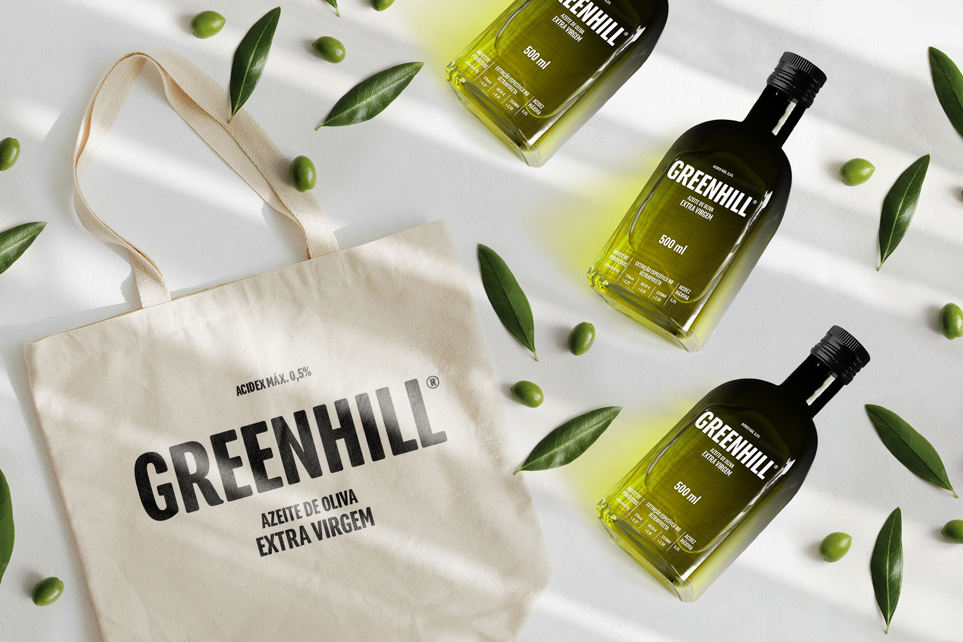 Sacola e garrafas – Design de embalagem Greenhill Azeite de Oliva – Léo Tavares Designer